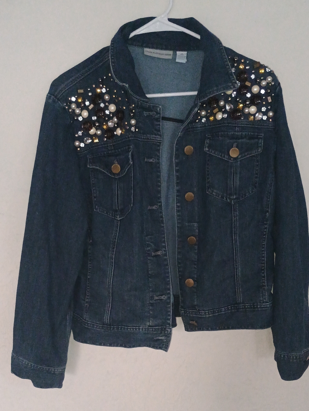 Chico's Embellished Dark Blue Denim Jean Jacket with Gold & Pearl Accents